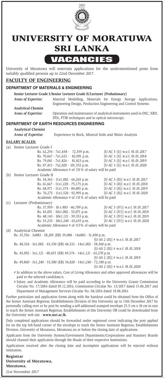 Senior Lecturer, Lecturer, Analytical Chemist - University of Moratuwa